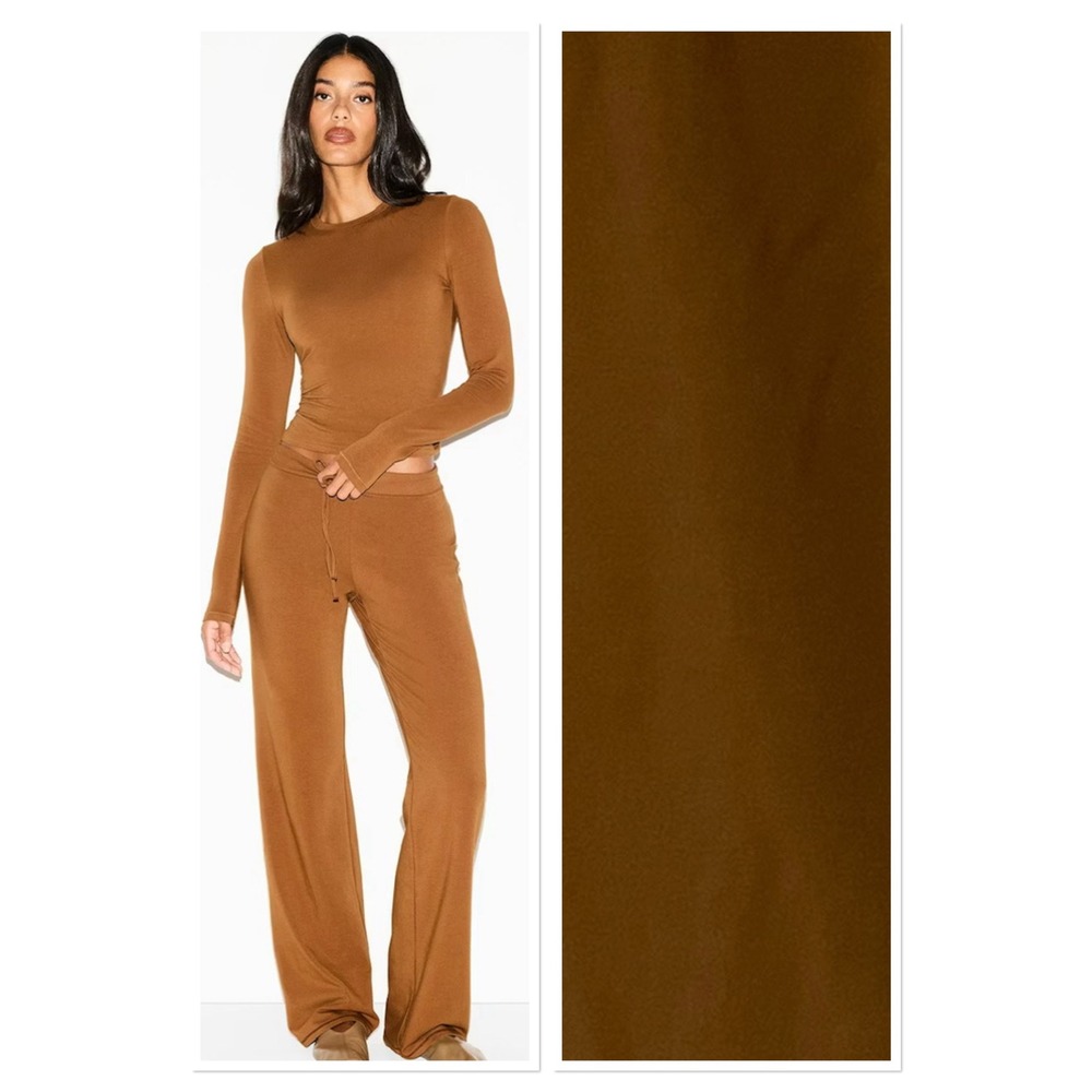 SKIMS Set Chai Brown Cotton Jersey Long Sleeve Shirt L Wide Leg Pant M Lounge
